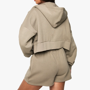 Ensemble de survêtement 2 pièces pour femme, kaki, à capuche, manches longues, avec logo personnalisé, pour l'hiver, idéal pour la gym et le fitness - Product Image 2