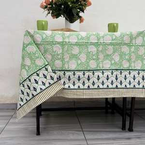 Handmade Cotton Floral <b>Tablecloth</b> Green White Printed Traditional Chinese Design Washable <b>Rectangle</b> Home Use - Product Image 2