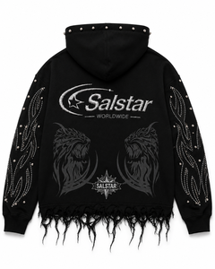 Sweat-shirt à capuche noir personnalisé avec strass effet vieilli pour homme, streetwear, logo personnalisé, impression graphique et manches ornées - Product Image 2