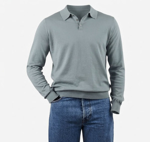 Chemise en jersey de coton tricoté à manches longues pour homme, couleur unie, boutonnée, style décontracté, respirante, anti-boulochage - Product Image 4