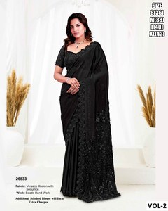 Obsidian Luxe <b>Satin</b> Silk Indo-Western Saree for Diwali and Party Occasions Moisture Wicking & Wrinkle Free - Product Image 2