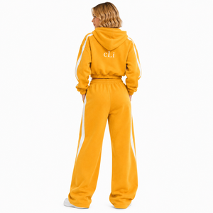 Custom Yellow Contrast Panel French Terry <b>Tracksuit</b> Women Cropped Zip Hoodies Heavy GSM Wide Leg Sweatpants Set <b>Wholesale</b> <b>Vendor</b> - Product Image 2