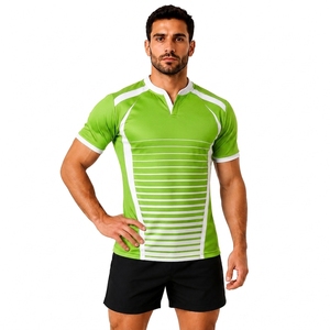 Maillot de rugby rayé vert et blanc pour homme, manches courtes, col en V, fermeture à boutons-pression, évacuation de l'humidité, coupe athlétique, vêtements pour toutes les saisons - Product Image 1