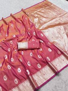 Sari en soie Banarasi pure pour femmes avec un riche travail de tissage Zari, sari traditionnel rose et orange avec bordure Zari argentée et Buti - Product Image 6