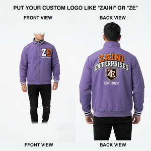 เสื้อแจ็คเก็ตกันลมผู้ชาย คุณภาพพรีเมียม ผ้าโพลีเอสเตอร์ 210 GSM สีม่วง คอตั้ง ปลายแขนริบบิ้น ปักโลโก้ตามสั่ง - Product Image 1