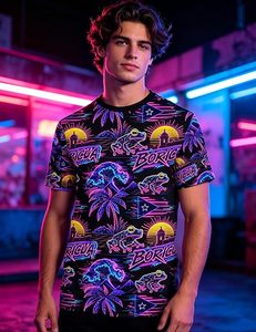 T-shirt néon géométrique à manches courtes et col rond imprimé grenouille, vagues insulaires et palmiers, style streetwear - Product Image 3