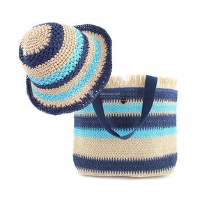 Conjunto de Bolso de Playa y Sombrero de Sol de Paja Tejida a Rayas, Bolso de Hombro de Verano con Borde de Flecos de Rafia para Vacaciones y Viajes, Venta al por Mayor - Product Image 4