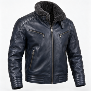 <b>Men</b> Genuine Leather Shearling <b>Jacket</b> Premium Winter Aviator Style Warm Collar Full Zip Front Multiple Zipper Pockets - Product Image 3