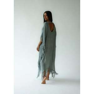 Vestido Maxi Kaftán Holgado para Mujer, Estilo Boho, Cuello en V, Sin Mangas, Largo hasta el Suelo, 100% Algodón con Borlas, Ideal para la Playa en Verano - Product Image 4