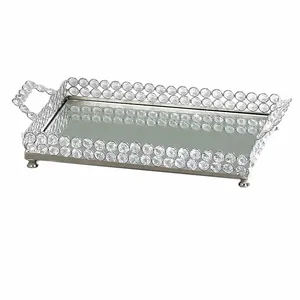 Designer Handmade Metal Tray for Luxury Furniture and Home Decor BrandsRound <b>Crystal</b> Beaded <b>Mirror</b> Tray Glam Decorative Serving - Product Image 1