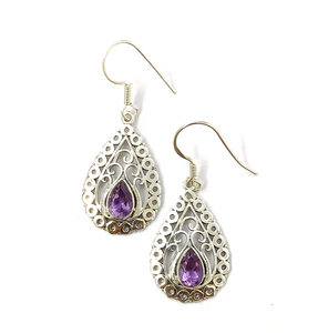 Boucles d'oreilles pendantes en argent 925 style bohème filigrané avec améthyste en forme de poire pour femme, bijoux de fiançailles et de mariage, vente en gros - Product Image 3