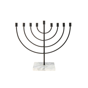 Modern <b>Black</b> Metal Menorah Candle Holder Hanukkah Decorative Tabletop Minimal Marble Base Home Display - Product Image 1