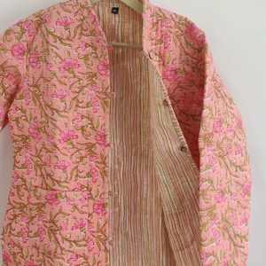 Unisex Handmade Kantha Jacket in Hot Pink Denim Style Cotton Quilted Full Sleeve Winter Jacket for Autumn Spring Party Wear - Product Image 5