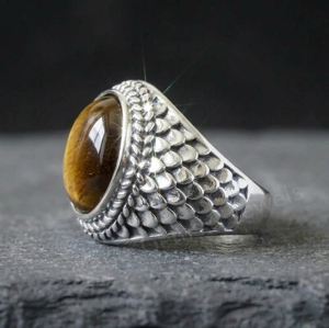 <b>Solid</b> 925 Sterling <b>Silver</b> 12mm Round Shape Tiger Eye Gemstone Snake Skin Texture Signet Men's Ring Bezel Setting Gift For Him - Product Image 2