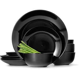 Set di Stoviglie in Fine Porcellana da 12 Pezzi, Piatti e Ciotole Neri, Servizio per 4 Persone - Product Image 1