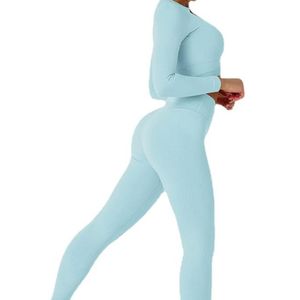 Breathable Solid Seamless Yoga Clothing Long Sleeve <b>Crop</b> <b>Top</b> High Waist Leggings Set with Front Logo Light Blue - Product Image 3