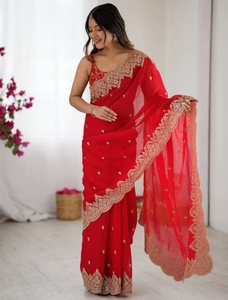 KV Women's Embroidered Embellished Bollywood Designer Chiffon Saree With Unstitched <b>Blouse</b> (<b>Red</b>) - Product Image 2