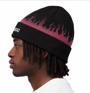 Custom Flame Beanie Hat OEM Y2K Jacquard Knit Streetwear <b>Winter</b> <b>Cap</b> Wholesale Black Pink Flame Pattern Skull <b>Cap</b> - Product Image 4