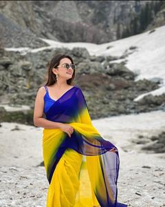 AARA Fashion <b>Yellow</b> Blue Ombre Modern Women Traditional Indian Wedding Wear Polyester Floor Length Regular Fit <b>Saree</b> for Adults - Product Image 2