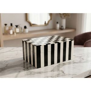 Luxury Black & White Checkered Resin Storage <b>Box</b> with Striped Base – Decorative Tabletop Organizer - Product Image 1