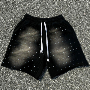Shorts pour hommes délavés à l'acide, style streetwear vintage, avec impression en relief effet soleil délavé et poche ornée de strass - Product Image 5