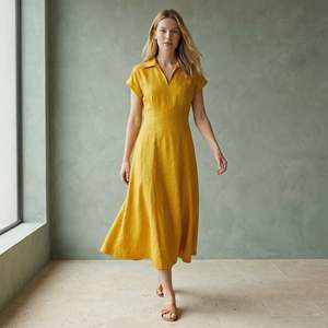 Hermoso Vestido Midi Amarillo de Algodón y Lino con Paneles en Línea A para Mujer, con Tela Ligera, Estilo Moderno y Ajuste Cómodo - Product Image 1