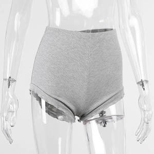 Shorts tricotés taille haute pour femmes, gris uni, décontractés, respirants, taille élastique, coupe régulière - Product Image 3