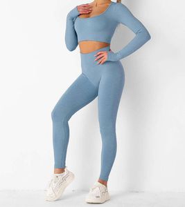 Ensemble 2 pièces soutien-gorge de sport et leggings taille mi-haute, couleur unie, logo avant, respirant, séchage rapide, vêtements de sport, gym, fitness, yoga pour femmes - Product Image 2