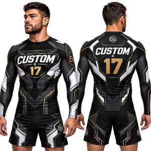 Camiseta de Compresión Personalizada para Hombre, Negra, Blanca y Dorada, con Estampado por Sublimación, Protección UV, Elástica, de Secado Rápido, Poliéster y Elastano, para Entrenamiento de MMA - Product Image 5