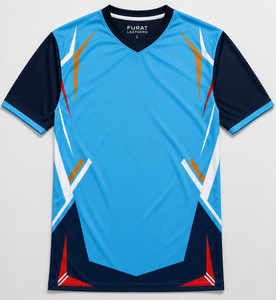 Maillot de football sublimé à col en V pour homme FURAT LEATHERS, manches courtes, anti-humidité, coupe classique, bleu marine, rouge, motif géométrique sur le devant - Product Image 1