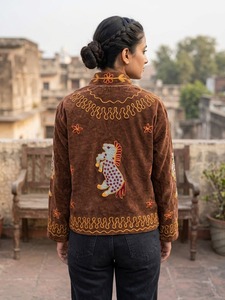 Women's <b>Velvet</b> <b>Jacket</b> Mandarin Collar Hand Embroidered Animal Pattern Full Sleeve Winter Open Closure - Product Image 2