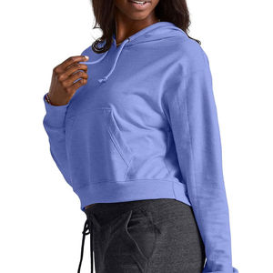 Sudadera con capucha de punto para mujer, de invierno, corta, de color liso, con cremallera, cuello de felpa y cintura con cordón, chaqueta informal de manga corta - Product Image 2