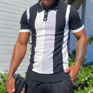 Men's High Street Summer Polo <b>Shirt</b> Slim Fit Striped Turn-Down Collar Button Closure Solid Knitted Color-Matching <b>Patchwork</b> - Product Image 4