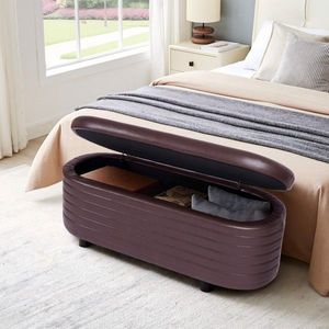 Brown PU Leather Modern Upholstered <b>Storage</b> Bench End of Bed <b>Stool</b> for Living Room Entryway Bedroom - Product Image 3