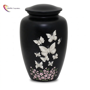Premium Metal Cremation Urn Elegant Black Matte Finish Hand Painted White Butterflies Floral Art Durable Secure Lid Memorial Jar - Product Image 1