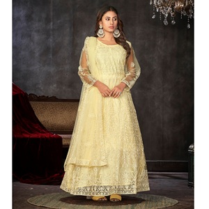 Good Quality Women's <b>Light</b> Yellow Anarkali Suit For Weddings and Fastive Occasions 3/4 Sleeve <b>Net</b> Santoon Semi stitched - Product Image 1