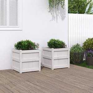 Juego de 2 Macetas y Jardineras Decorativas de Madera de Pino Sólido Blanco con Incrustaciones Florales - Product Image 1
