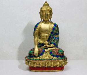 Estatua de Buda sentado de latón con anillo de piedra para decoración y fines religiosos-culturales, estilo bendición - Product Image 1