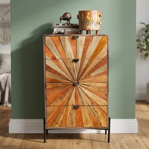 Armoire de rangement vintage en bois de sheesham et de mangue à quatre tiroirs avec motif soleil couchant, commode rustique multicolore pour chambre à coucher ou salon - Product Image 6