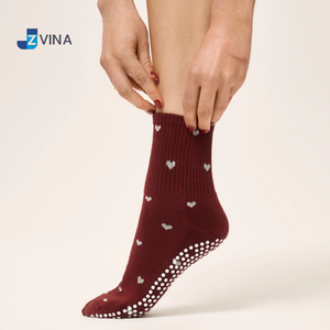 Custom LOGO Youth Pilates <b>Socks</b> 100% Cotton Burgundy Color Solid Dual Direction Grip <b>Women</b> Anti Slip Yoga Barre Daily Free - Product Image 1