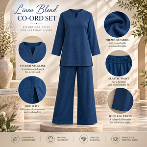 Conjunto de lino para mujer, top azul de manga larga, pantalones de pierna ancha con cintura elástica, atuendo informal de verano | Conjunto de Dos Piezas para Mujer - Product Image 5