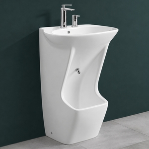 Lavabo de pared de una pieza para ablución con grifo, diseño moderno de forma irregular, acabado brillante, lavamanos de 12L de capacidad para baño - Product Image 3
