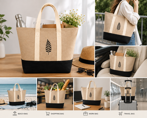 Sac fourre-tout en jute avec broderie de feuilles, fermeture éclair, style minimaliste, utilisation quotidienne, plage, shopping, voyage, doublure en toile, beige et noir - Product Image 4
