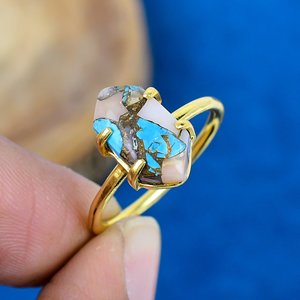 Natural Pink <b>Opal</b> Copper Turquoise Hexagon Shape Gemstone <b>Ring</b> 18k <b>Gold</b> Micron Over 925 Sterling Silver - Product Image 2