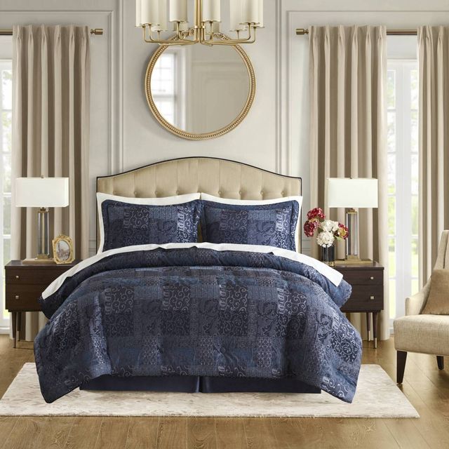 Navy Cal King Comforter Set 4 Pcs Vintage Patchwork Bedding Bedroom Decor