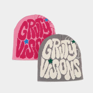 Bonnet en tricot jacquard personnalisé unisexe style urbain adulte 56-58CM gris rose motif lettres - Product Image 2