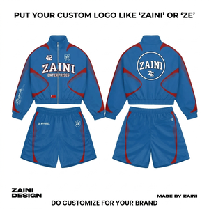 ZAINI Premium Casual Men's Winter Solid Knitted Polyester Taslon Windbreaker Short Set <b>Red</b> Contrast Panel Screen Print Front - Product Image 1
