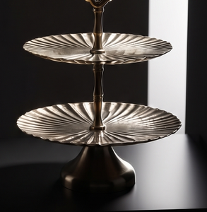 Factory Direct 2 Tier Round Sunburst Fluted Metal <b>Cake</b> <b>Stand</b> <b>Vintage</b> Gold Finish Dessert Platter Centerpiece Knot Handle - Product Image 5