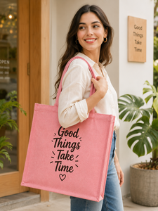 For Jute Shopping <b>Bag</b> with 'Good Things Take Time' Print Zipper Closure Hand Length Handle <b>Medium</b> <b>Size</b> AMANI - Product Image 4