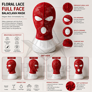 HMR Premium Floral Lace Full Face Balaclava Mask <b>Red</b> Mesh <b>Hood</b> for Fashion, <b>Cosplay</b>, Clubwear, Bondage & Fetish Styling - Product Image 5